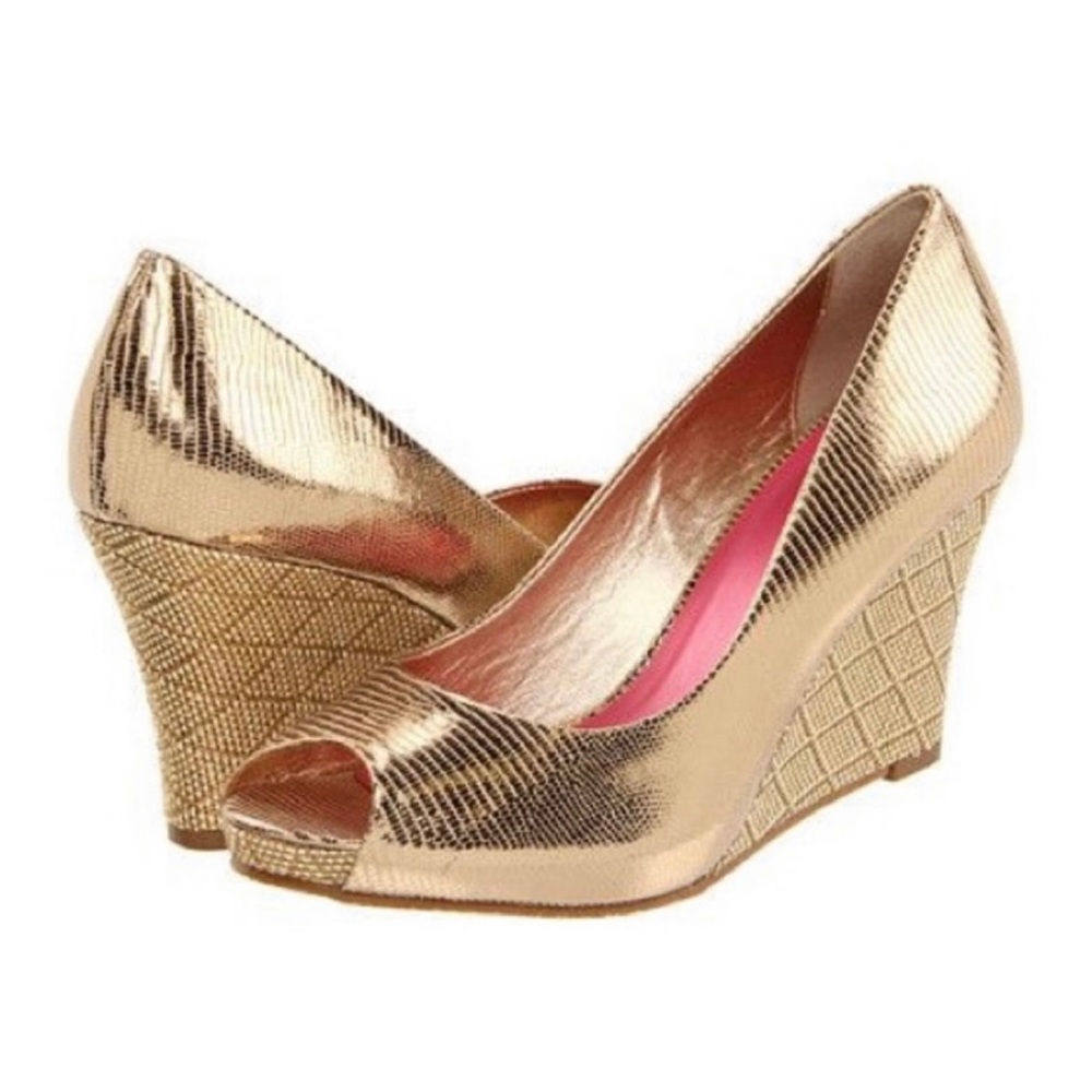 LILLY PULITZER Gold Resort Chic Peep Toe Wedge Pumps Women’s Size 9